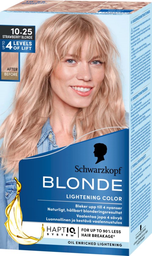 A box of blonde hair dye with a smiling woman showing her light blonde hair. Includes product details and highlights.