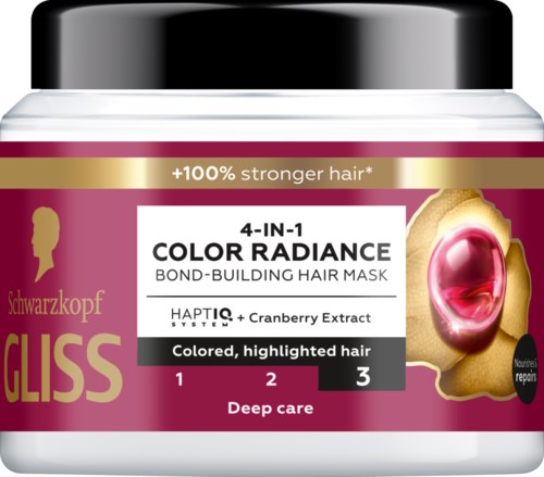 A container of Schwarzkopf Gliss hair mask with cranberry extract, claiming to strengthen hair and improve color radiance.