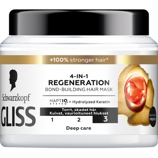 A jar of Schwarzkopf Gliss hair mask with 4-in-1 regeneration, deep care, and keratin, showing healthy hair benefits.