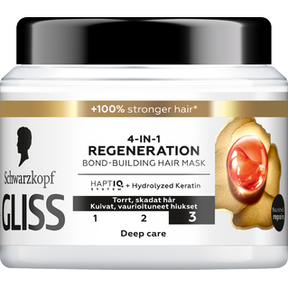 A hair mask container labeled '4-IN-1 REGENERATION' with a graphic of hair and hair care benefits.