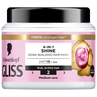 A jar of Schwarzkopf Gliss hair mask, pink and black, with gold and white text. Features an illustration of shiny hair.