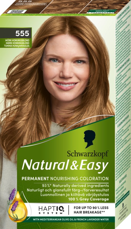 Doos met een lachende vrouw op de voorkant, groen en wit, haarverfproduct, merk Schwarzkopf, Natural & Easy.