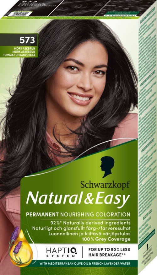 Een doos Schwarzkopf Natural & Easy permanente haarkleuring met een lachende vrouw op de voorkant.
