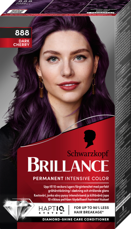 En kvinna med mörklila hår, örhängen ochsmink på ett hårfärgningsförpackning märkt 'Brilliance' i rött och svart.