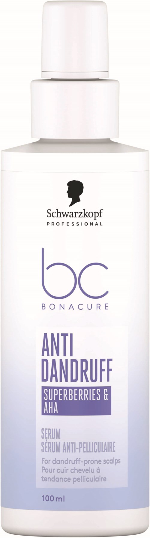 Valkoinen pullo suihkulla ja etiketti Schwarzkopf Professional Bonacure Anti Dandruff -seerumi päänahalle.