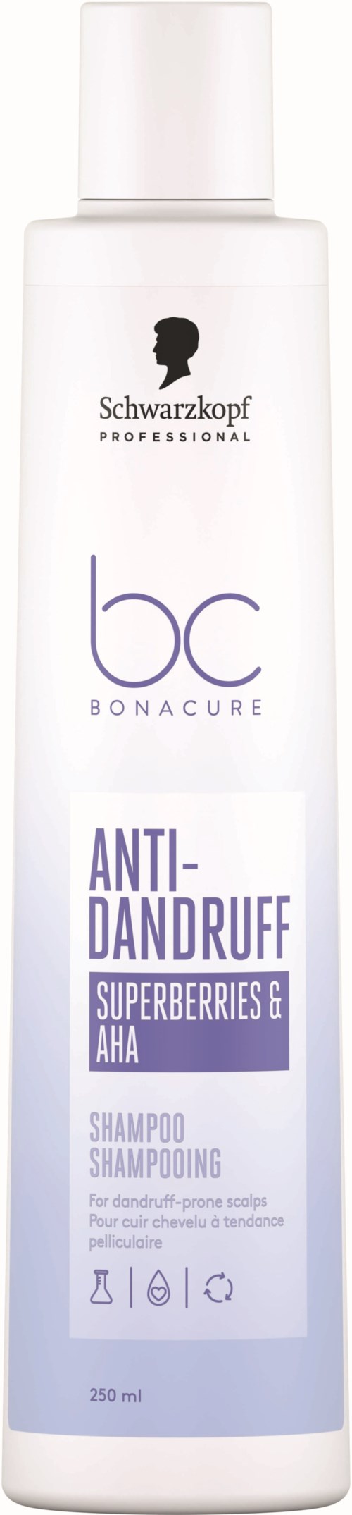 Valkoinen pullo Schwarzkopf Bonacure anti-dandruff shampoolla, jossa on supermarjoja ja AHA. Yksinkertainen muotoilu ja violettia tekstiä.