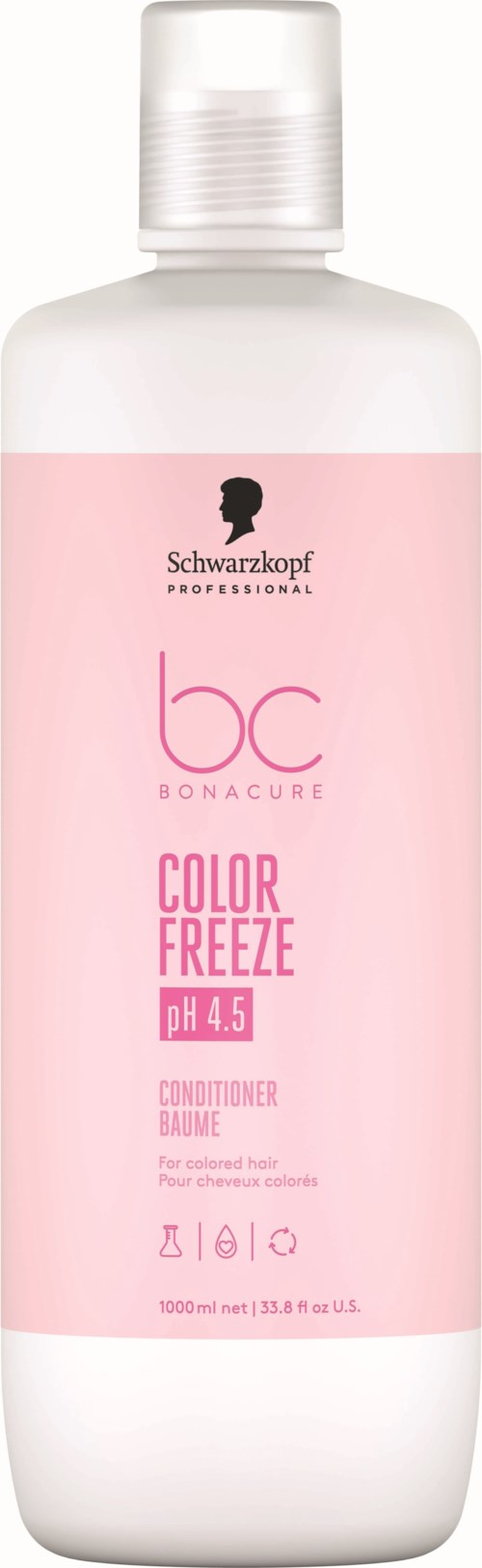 En rosa og hvit flaske med Schwarzkopf balsam merket color freeze ved pH 4.5.
