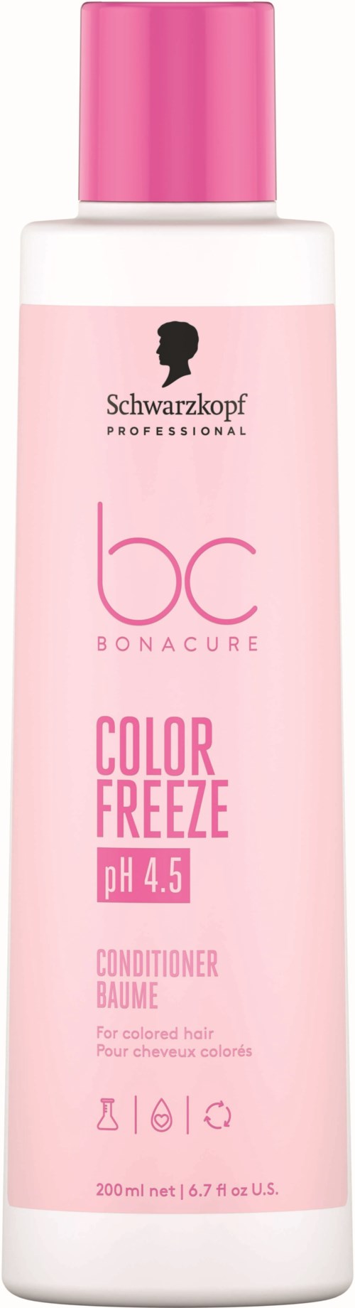 En rosa og hvit flaske med hårbalsam kalt Color Freeze med pH 4,5 fra Schwarzkopf Professional.