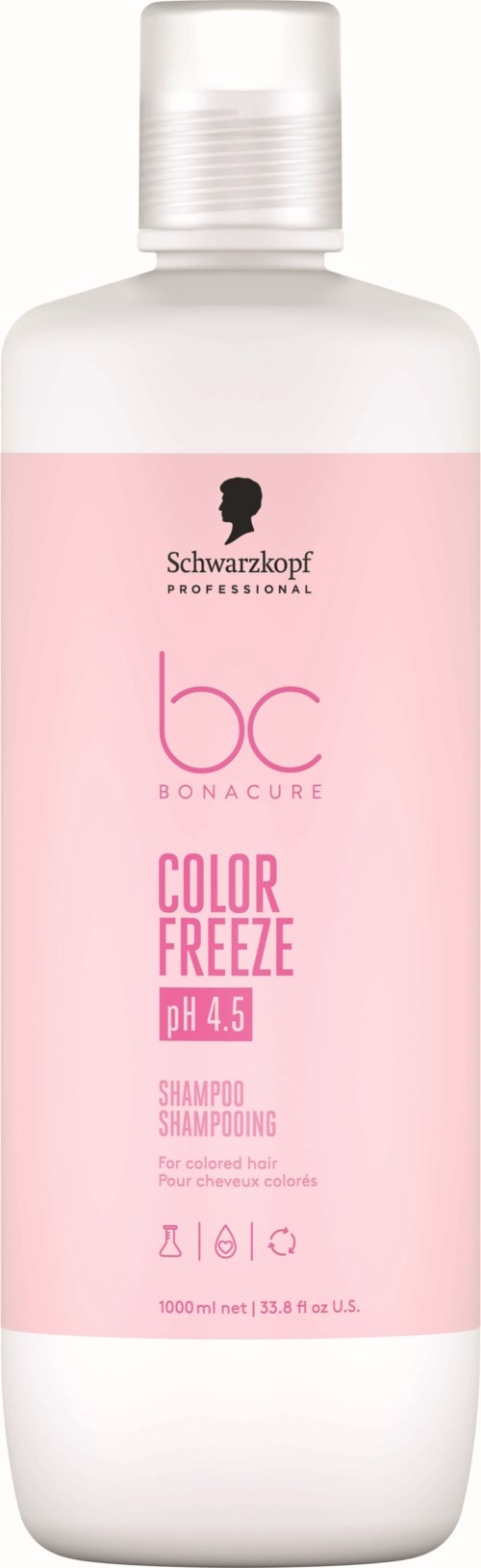 En vit flaska Schwarzkopf professionell schampo med en rosa etikett som nämner färgfrysning och pH 4,5.