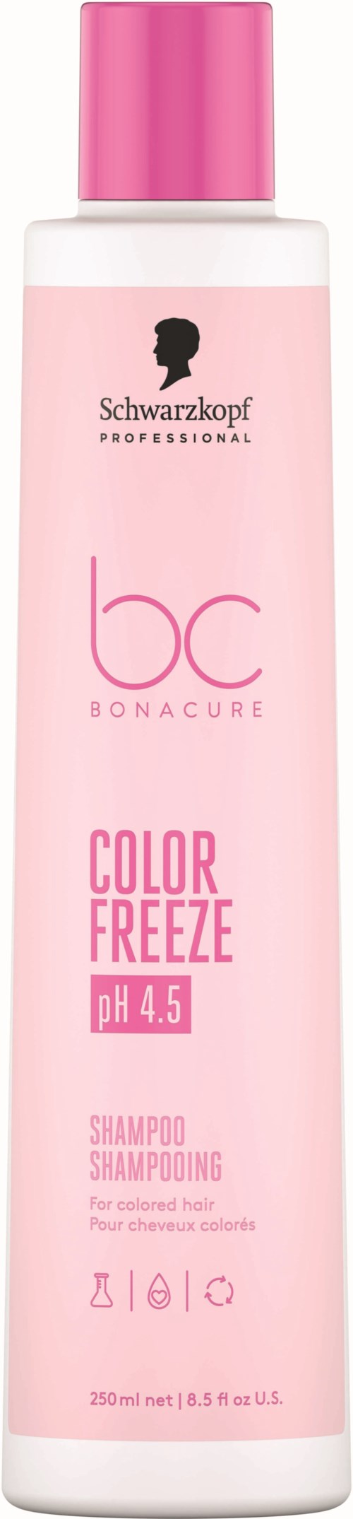 En rosa och vit flaska Schwarzkopf Bonacure Color Freeze-schampo med pH 4,5 för färgbevarande och underhåll.