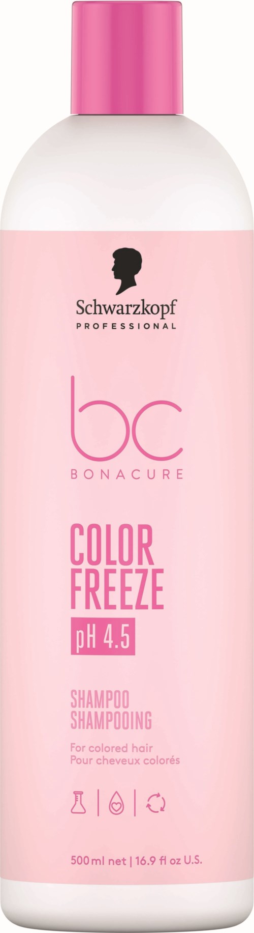 En rosa och vit schampoflaska med svart och rosa text, märkt Schwarzkopf, Bonacure, Color Freeze, pH 4.5.
