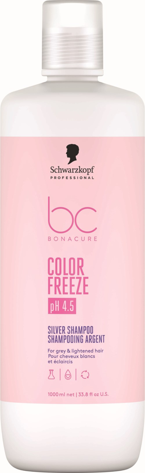 En lång, vit flaska med Schwarzkopf color freeze silver schampo med rosa etikett och svart logotyp.