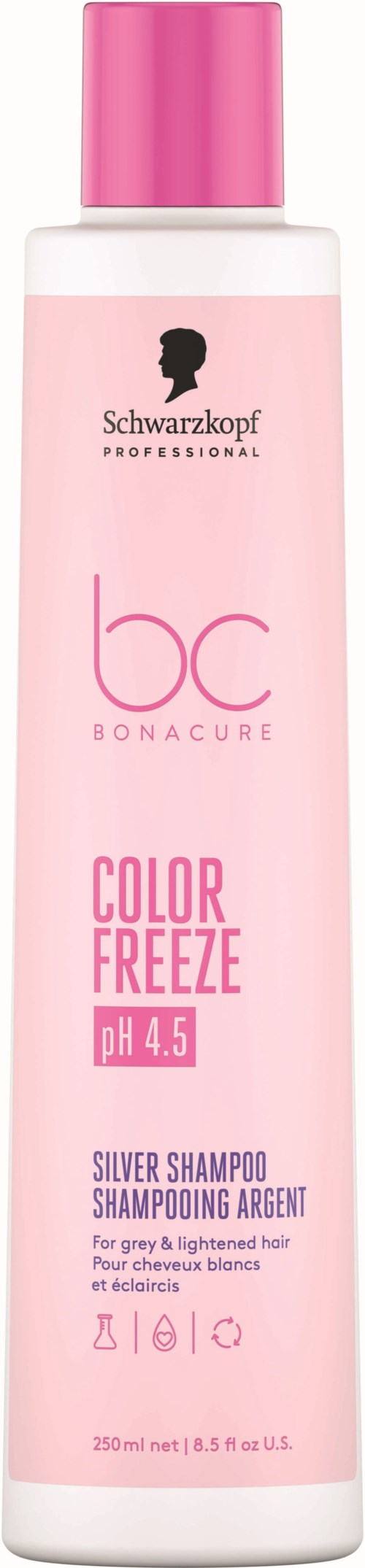 En rosa och vit flaska Schwarzkopf BC Bonacure Color Freeze Silver Shampoo för förgyllt grått och blont hår.