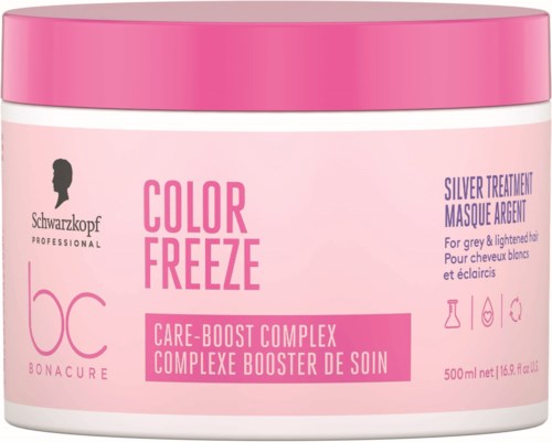 En rosa krukke med rosa lokk, merket Schwarzkopf Professional fargestoff for grått hår, inneholder care-boost kompleks og sølvbehandling.