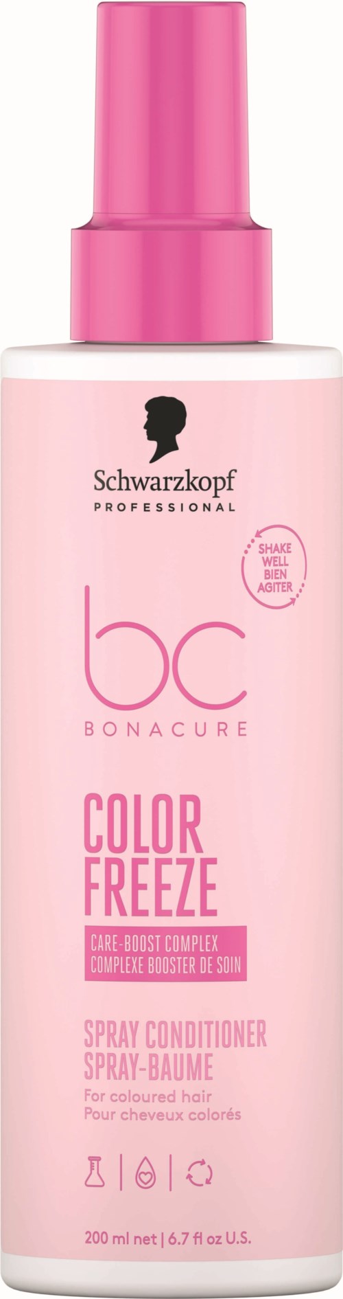 Pinkki suihkepullo, merkiltä Schwarzkopf professional Bonacure Color Freeze, värjättyyn hiuksiin, 200 ml.
