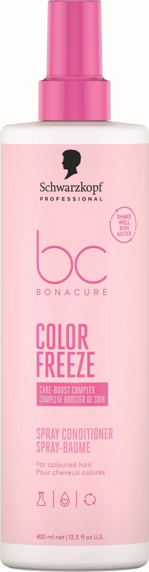 Vaaleanpunainen suihkepullo, jossa lukee Schwarzkopf BC Bonacure Color Freeze, hiustenhoitoon.