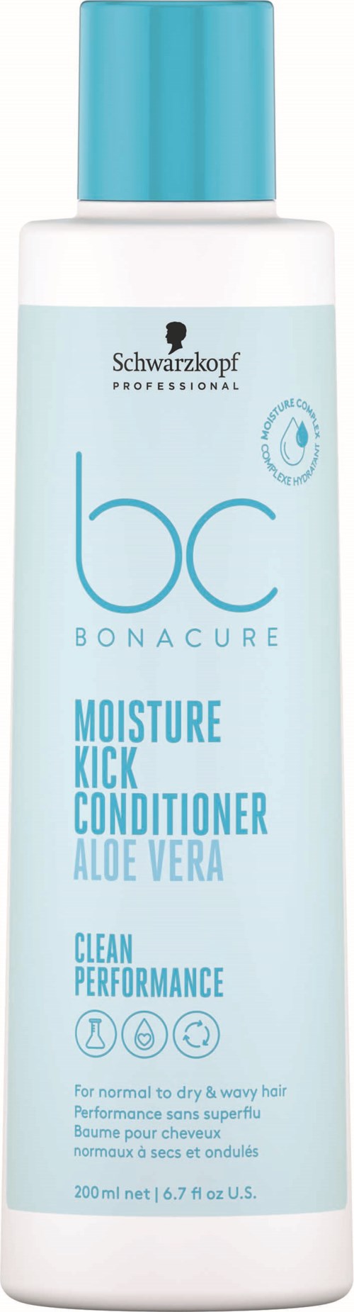 En vit flaska av Schwarzkopf BC Bonacure Moisture Kick Conditioner med blå lock, aloe vera, för torrt hår, 200 ml.