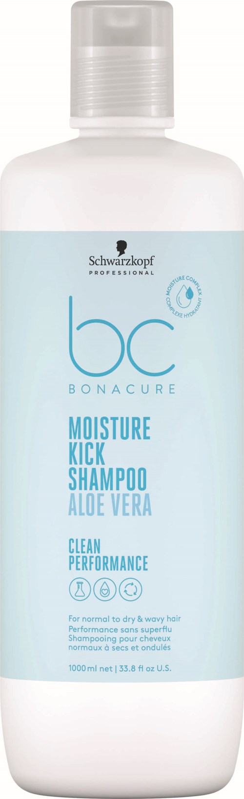 En vit schampoflaska med blå etikett som säger Moisture Kick Shampoo Aloe Vera, från Schwarzkopf, för hälsosamt hår och prestanda.