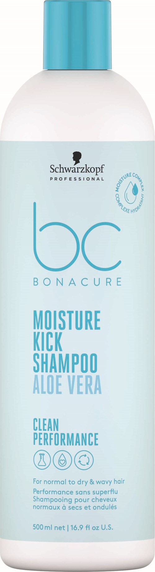 En vit flaska med blå kork som innehåller Schwarzkopf BC Bonacure Moisture Kick Schampo med Aloe Vera.