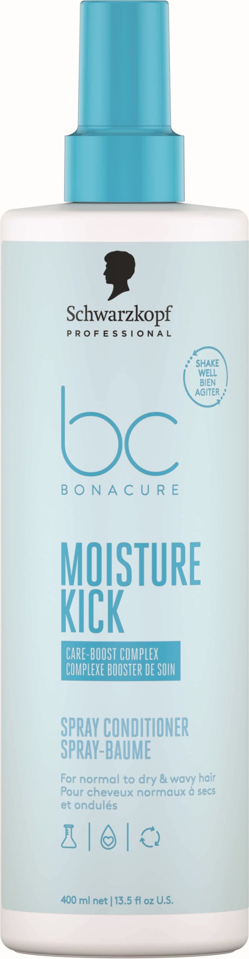 Valkoinen pullo sinisellä korkilla ja etiketillä, nimeltä Schwarzkopf BC Bonacure Moisture Kick suihkavoide.