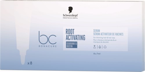 A box of eight bottles of Bonacure Root Activating Serum with guarana and biotin for hair health.
