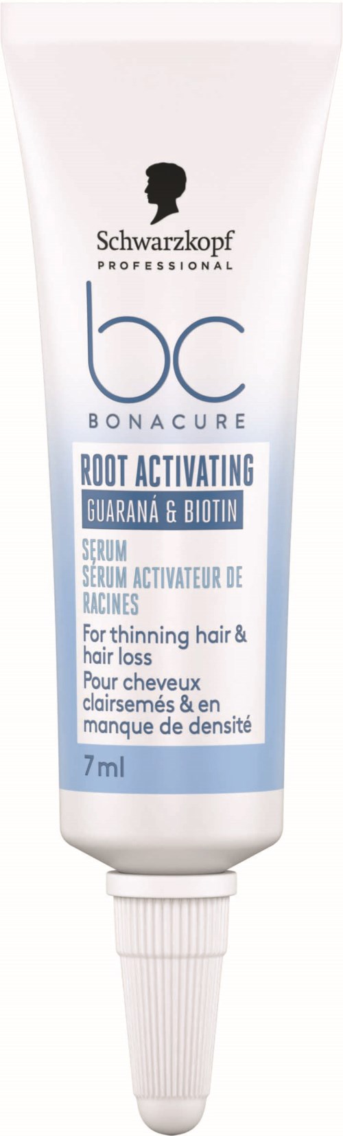 A white tube with a black head silhouette, labeled Schwarzkopf, promoting root activating serum with guarana and biotin.