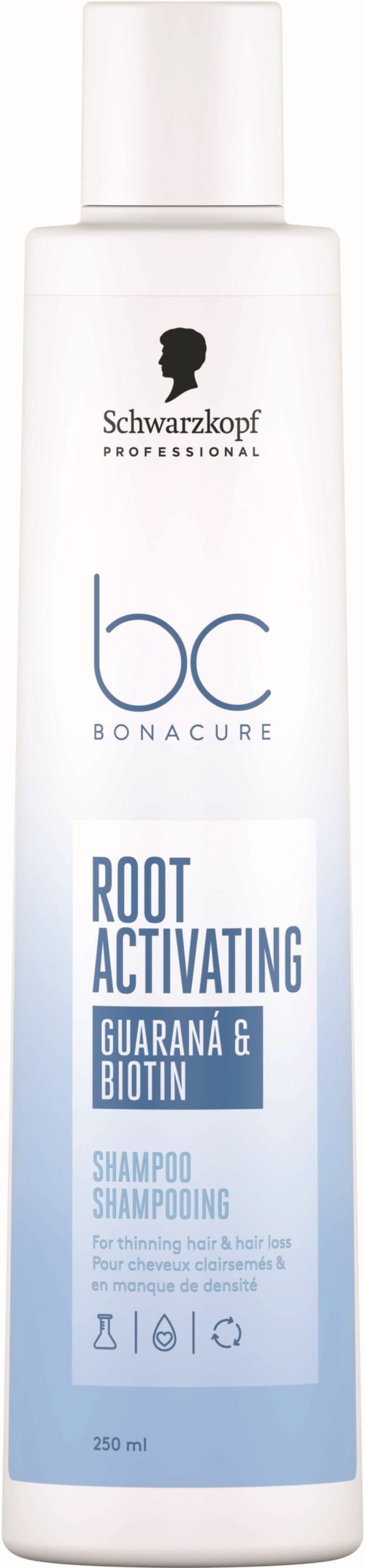 En vit flaska med Schwarzkopf professional schampo med blå text, kallad Bonacure, för rotaktivering med guarana och biotin.