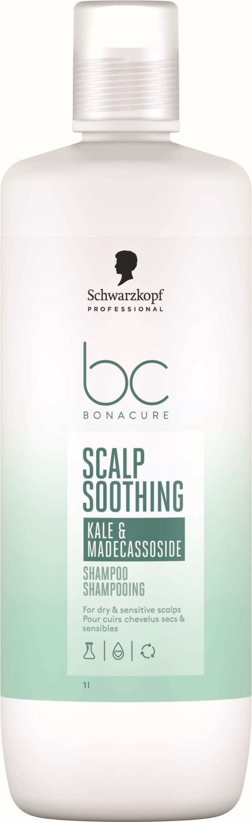 Valkoinen pullo Schwarzkopf Professional scalp soothing -shampoolla, vihreällä ja valkoisella etiketillä ja kääntökatkaisimella.