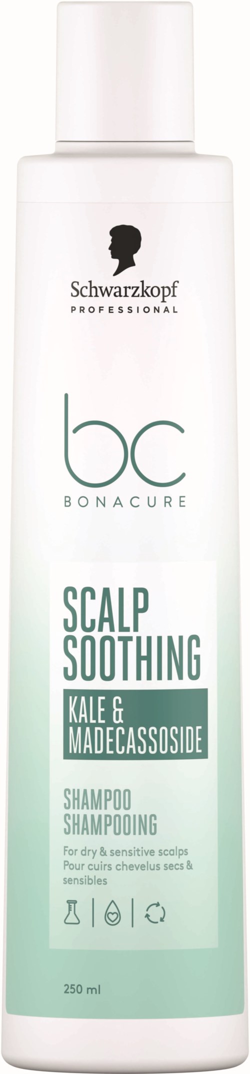 Valkoinen pullo Schwarzkopf Bonacure päänahan rauhoittavaa shampoota, vihreällä tekstillä ja logolla yläosassa.