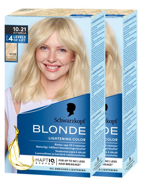 Two boxes of hair dye featuring a smiling woman with blonde hair, labeled for blond lightening, with vanilla scent and four lift levels.