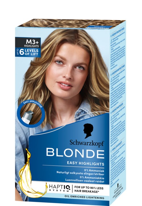 Beauty product box with a woman having blonde hair, blue dress, and a bright smile, advertising hair color highlights.
