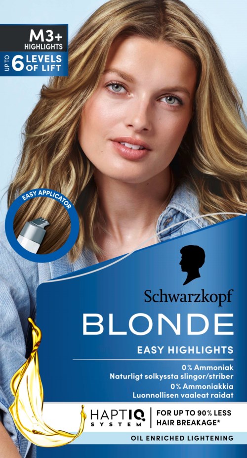 Bottle packaging of Schwarzkopf Blonde Easy Highlights hair dye with a woman and various text details.