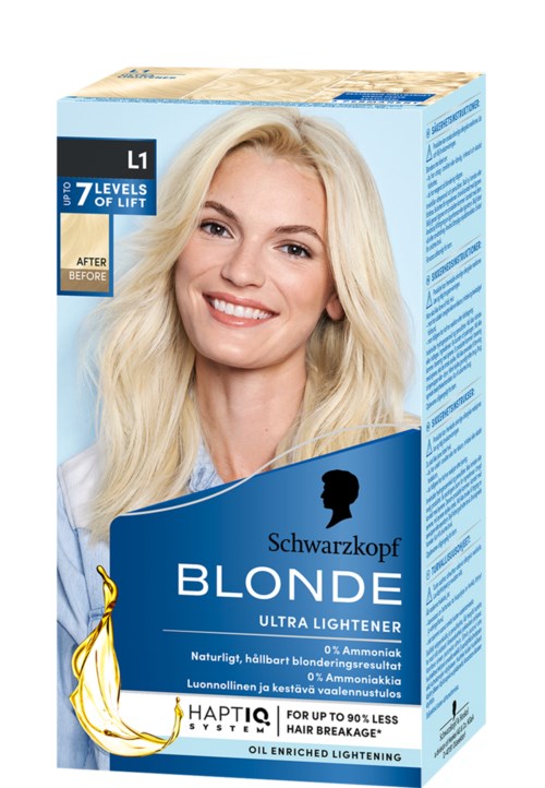 Blonde hair dye box with smiling woman, blue design, and product description in multiple languages.