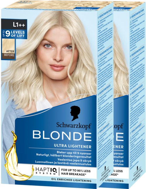 Boxes of blonde hair dye, showing a woman with blonde hair on the front, with blue and white colors, text, and logo.