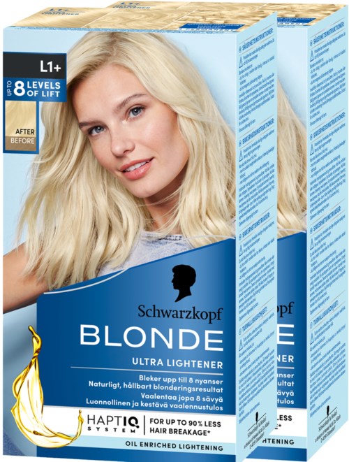 Blonde hair dye box with a picture of a woman and product details in Danish and English.