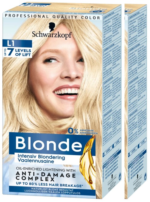 Blonde hair dye box shows a smiling woman with blonde hair, product name, and information about hair lightening and anti-damage.