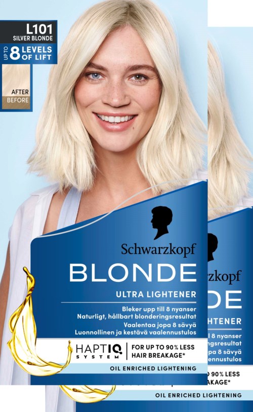 A smiling woman with shoulder-length, platinum blonde hair on hair dye packaging. Blue background with product details and brand logo.