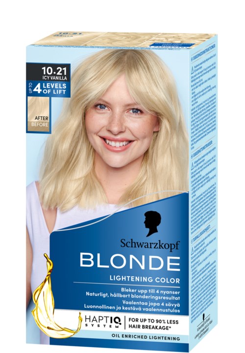 Blonde hair dye box features a smiling woman with blonde hair, blue background, and branding details on the packaging.