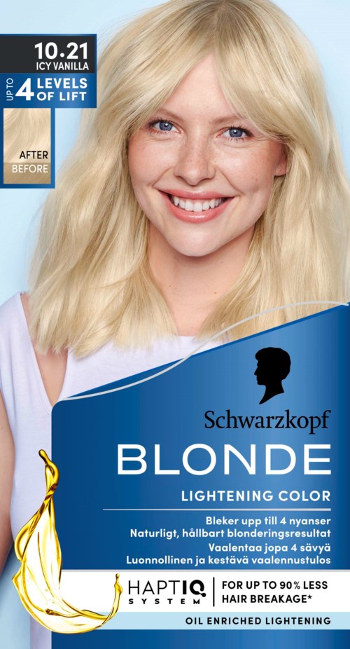 A smiling woman with blonde hair advertises Schwarzkopf Blonde lightening hair dye, featuring lifting levels and natural highlights.