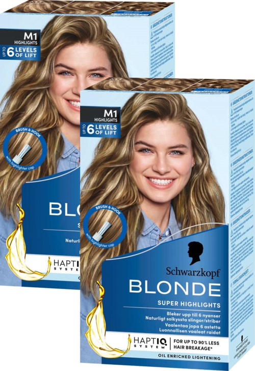 Two boxes of Schwarzkopf Blonde Super Highlights hair dye with smiling woman on the front, showing lighter blonde hair.