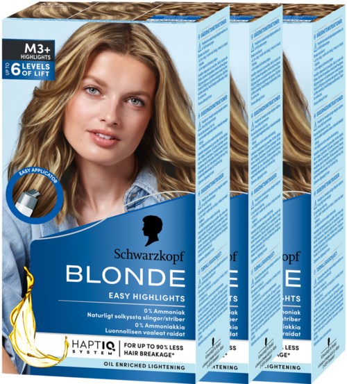 Box with hair dye for blondes, featuring a woman's face, product features, and brand information.