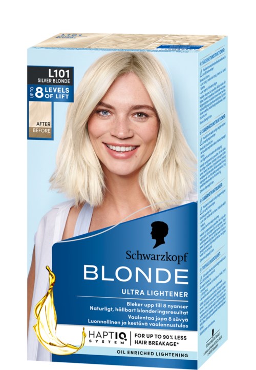 Blonde hair dye box with a smiling woman showing her blonde hair and product details.