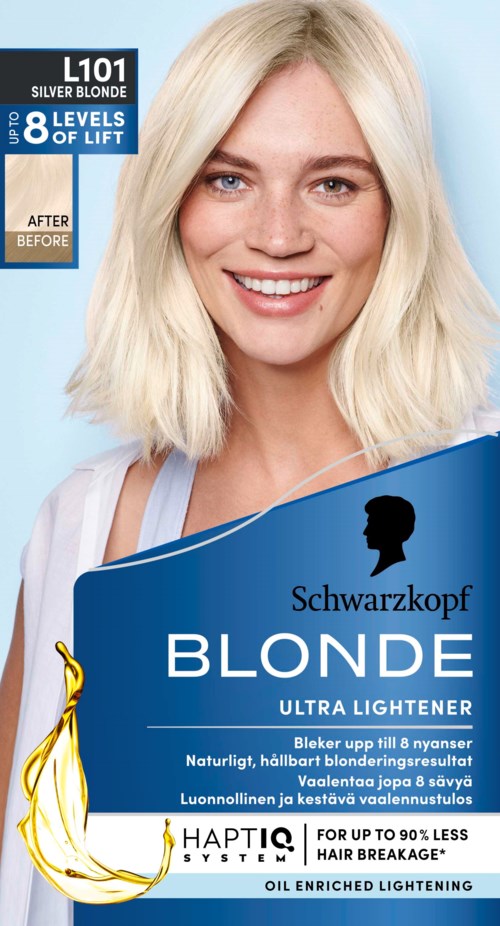 Hair dye box with a smiling woman and information about blond hair dye, lightening up to 8 levels.
