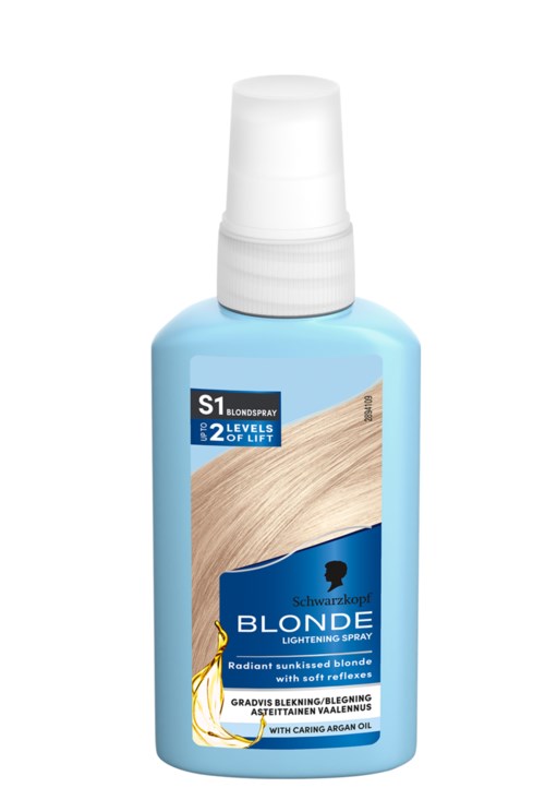 Light blue bottle of blonde hair lightening spray with a spray cap, labeled with product details and ingredients.