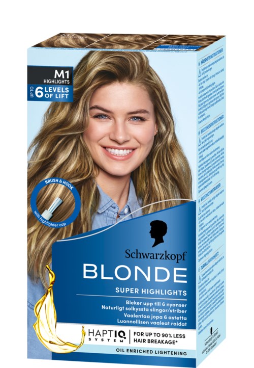 Blonde hair dye box with a smiling woman, text about highlights, levels, and oil-enriched lightening.