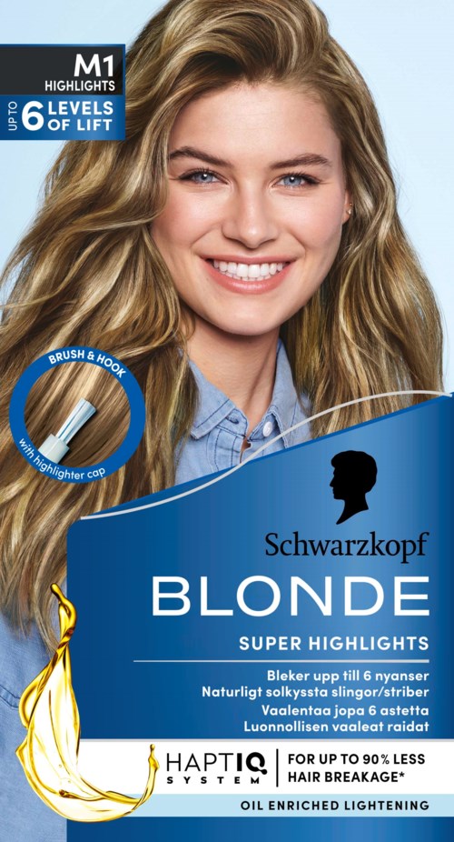 A smiling woman with long blonde hair on the hair dye package. The box is blue with product details and brand name.