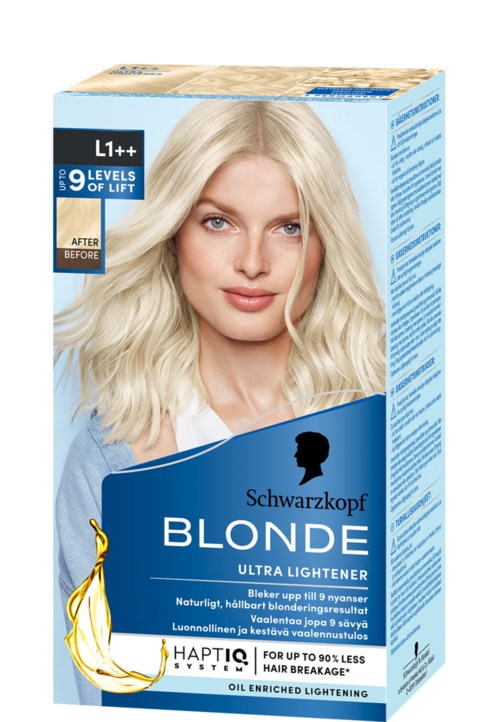 Blonde hair dye box with a young woman, indicating color level and long-lasting, oil-enriched formula for lighter hair.