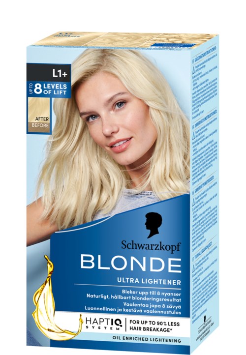 Blonde hair dye box with a smiling woman and a logo of a blonde lock. It highlights up to 8 shades lighter and long-lasting results.