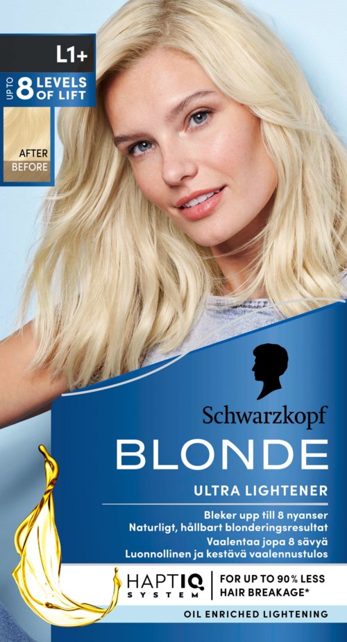 Blonde hair dye box with a woman showing her hair, highlighting lighter blonde color. Contains product details and brand logo.
