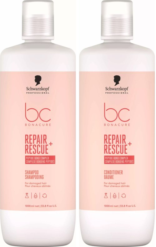 To flasker Schwarzkopf Repair Rescue sjampo og balsam med rosa etiketter.